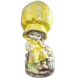 Vintage Big Bonnet Girl Figurine Yellow Sunbonnet Ceramic 1970s 80s Country Deco
